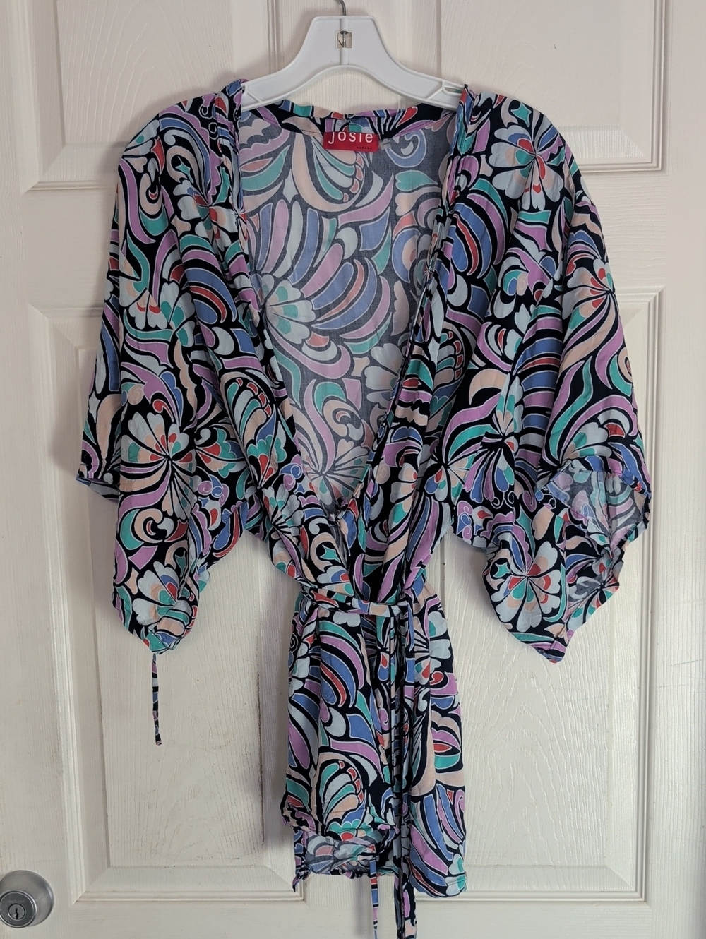 Josie Natori belted womens floral wrap 3/4 sleeve robe Small